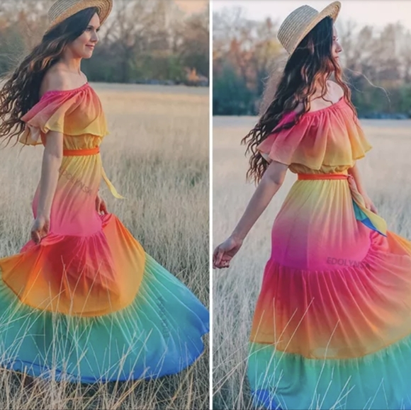 NWT Rainbow Ombre Boho Maxi Summer Dress S: Sm-Med - Picture 7 of 13